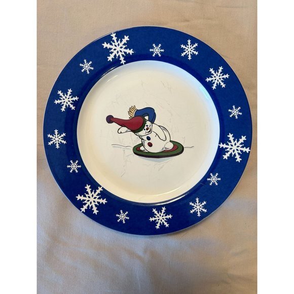 Frosty Snowman Skating‎ Sledding Blue Snowflake Dinner Dessert Plates - Set of 4 - Picture 6 of 6